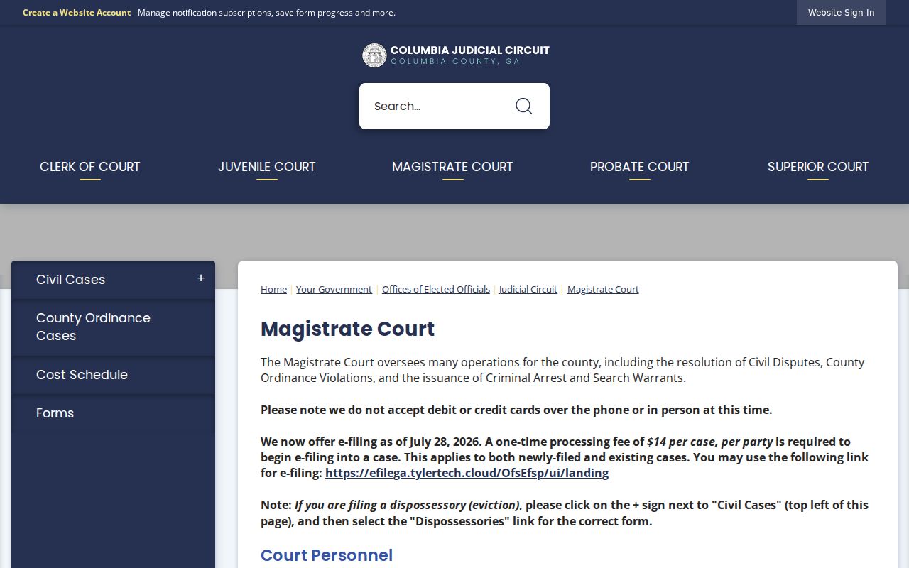 Columbia County warrant search Magistrate Court information
