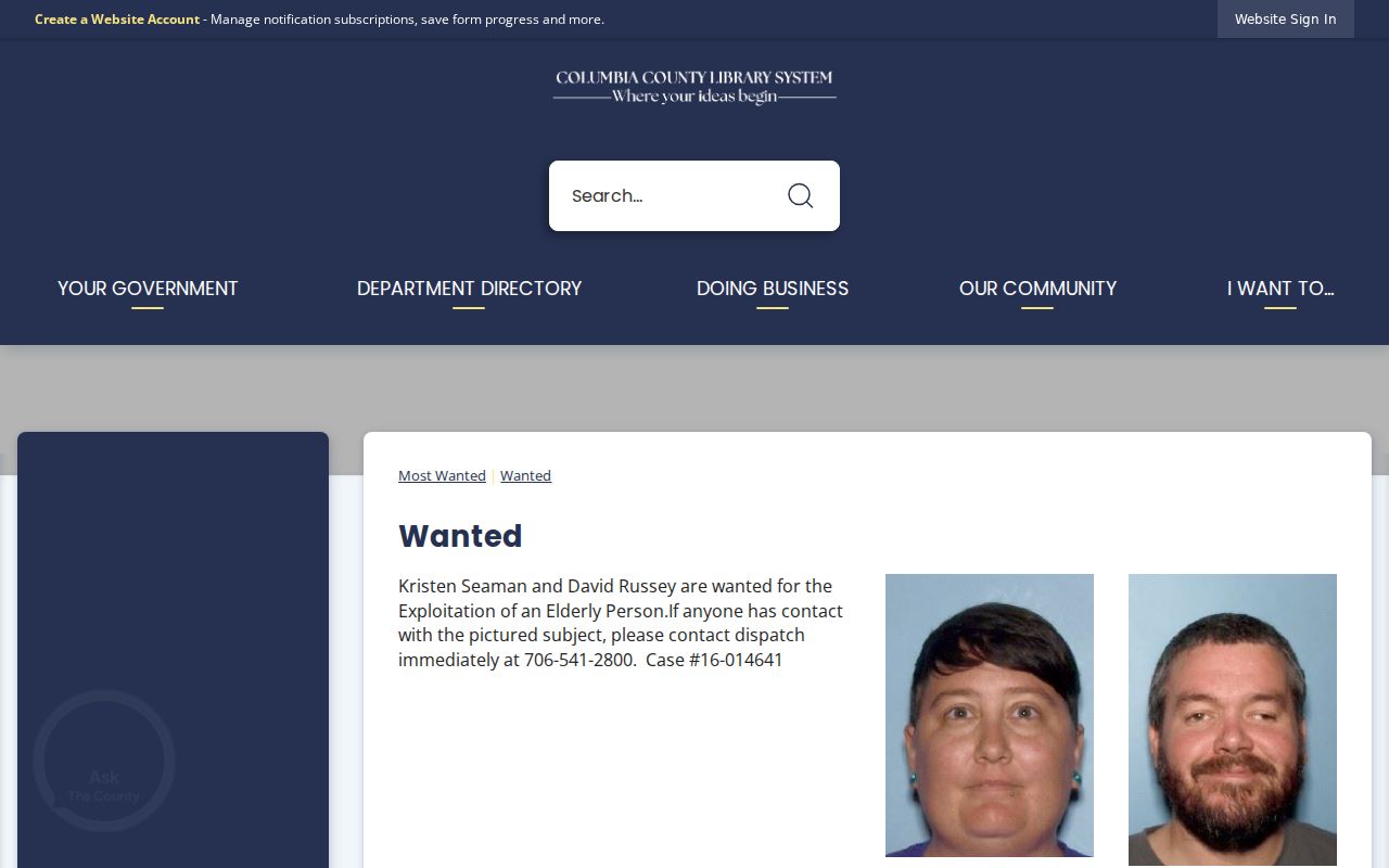 Columbia County most wanted official program heading and dispatch instruction