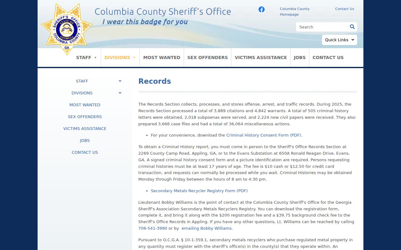Columbia County warrant records activity reported by the Sheriff Records Section
